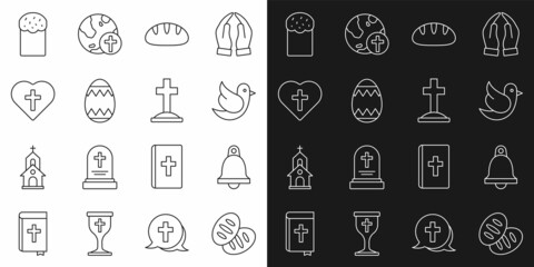 Set line Christian bread, Church bell, Dove, Easter egg, cross in heart, cake and Grave with icon. Vector