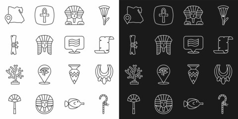 Set line Crook, Egyptian necklace, Papyrus scroll, Sphinx, pharaoh, Map of and Flag Of icon. Vector