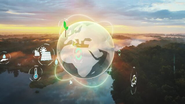 Future Sustainable Energy Concept - Globe and icons with clean nature background - 3D render
