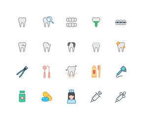 Collection of dental clinic color icons. Set of Implants, teeth, tooth, orthodontic symbols drawn with thin contour lines. Vector illustration