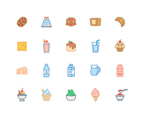 Collection of Cafe color icons. Set of Dessert, Beverage, ice cream symbols drawn with thin contour lines. Vector illustration.