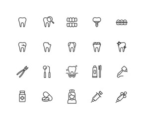 Collection of dental clinic linear icons. Set of Implants, teeth, tooth, orthodontic symbols drawn with thin contour lines. Vector illustration