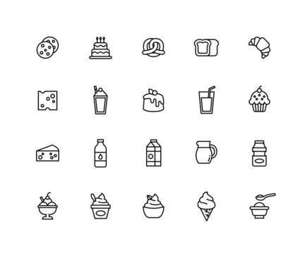 Collection of Cafe color icons. Set of Dessert, Beverage, ice cream symbols drawn with thin contour lines. Vector illustration.