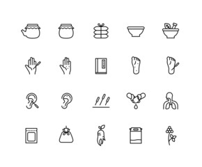 Collection of oriental medicine linear icons. medicinal herbs, saliva, spa Set of Herbal medicine, herbal medicine symbols drawn with thin contour lines.