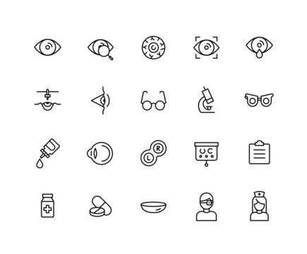 Ophthalmology and eye linear icons. Set of lens, sight, doctor, glasses symbols drawn with thin contour lines. Vector illustration.