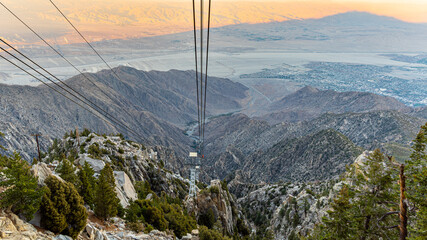 Aerial tramway scenic landscape view at sunset in California. 