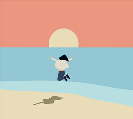 Happy girl jumping on the tropical beach at the sunset time. Summer vacation holiday Lifestyle. Flat vector.