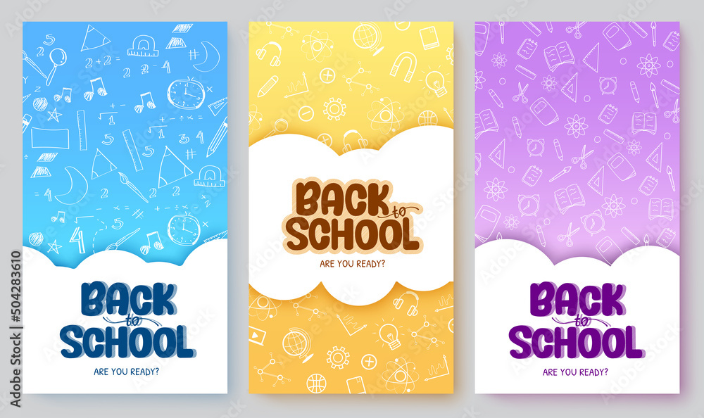 Poster back to school vector poster set design. back to school text in cloud abstract template with doodle 