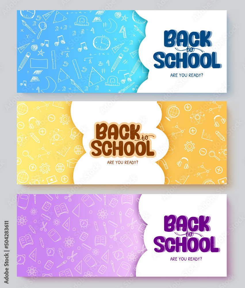 Poster back to school vector template set. back to school text in cloud abstract space with doodle drawing 