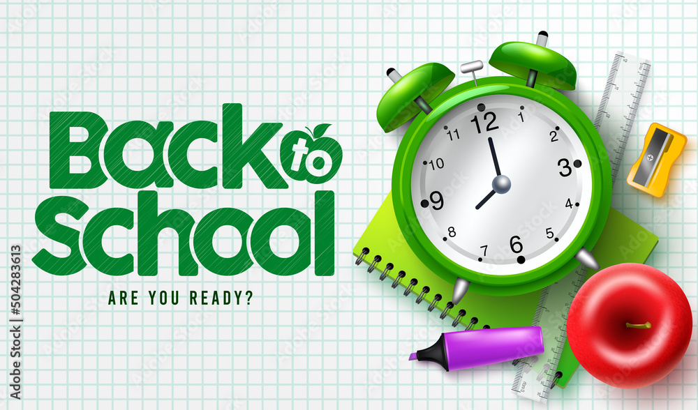 Poster back to school vector background design. back to school typography text in grid pattern with clock, 