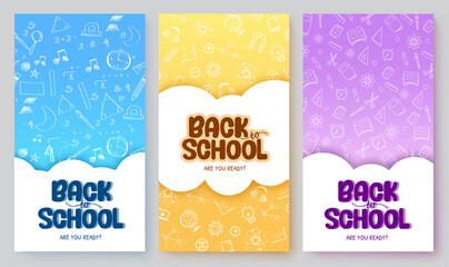 Back to school vector poster set design. Back to school text in cloud abstract template with doodle drawing pattern decoration for educational learning study messages. Vector illustration.
