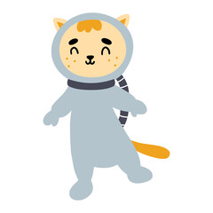 Cute cosmonaut cat. Cartoon style children character. Space illustration.