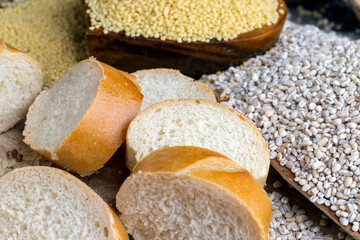 pieces of wheat baguette on a cutting board