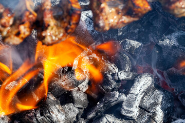 barbecue with cooking meat on the fire