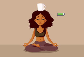 Woman Balancing a Coffee Cup on her Head Relaxing Vector Cartoon