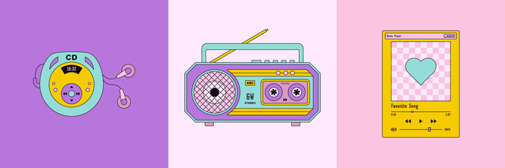 Music Set 90's in Pop Art Style. Vector Illustration CD Player, Boombox, Player Template for Stickers, Social Media - obrazy, fototapety, plakaty