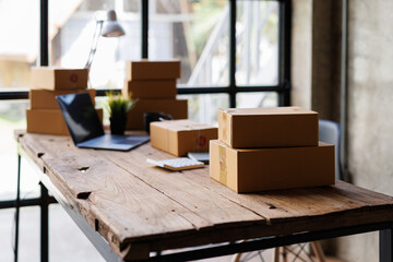 Equipments for SME online business , delivery business laptop, barcode, boxes, checking product on...