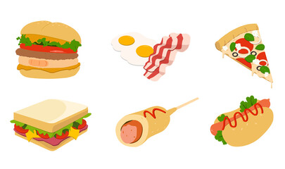 Delicious and proud fast food icon illustration set. food, sandwich icon, egg, pizza, hamburger. Vector drawing. Hand drawn style.