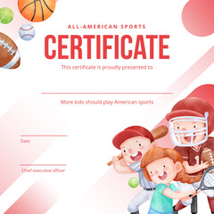 Certificate template with American sport kids concept,watercolor style