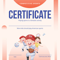 Certificate template with American sport kids concept,watercolor style
