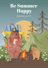 Poster template with animal camping summer concept,watercolor style