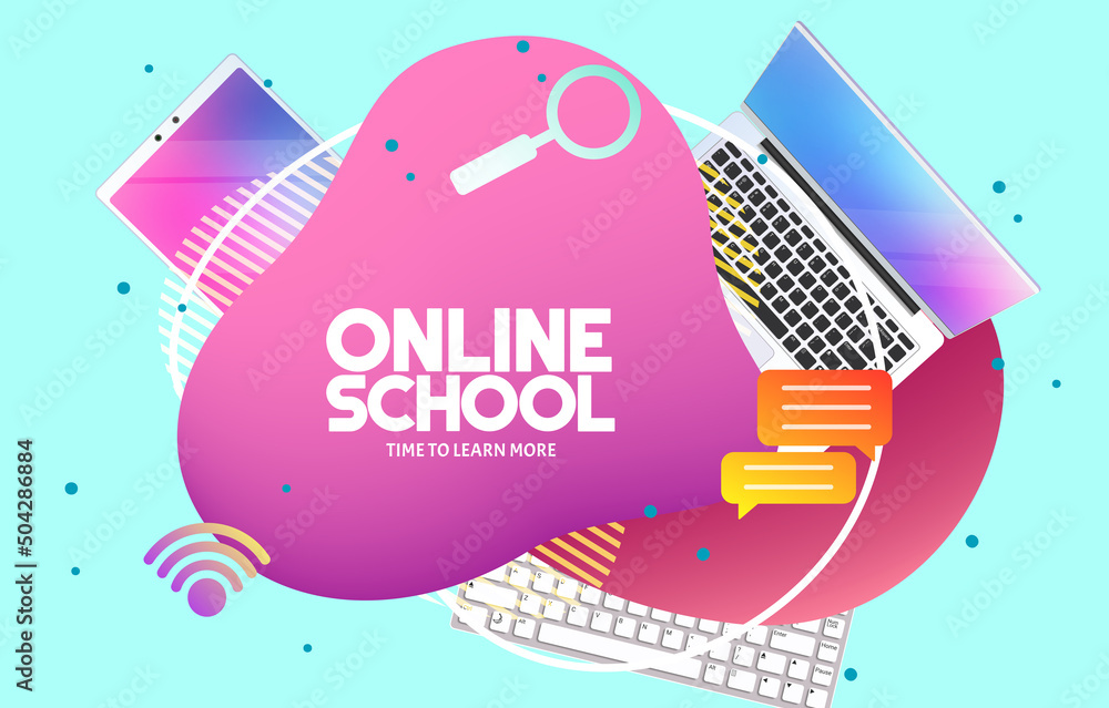 Poster online education vector concept design. online school text with educational items in abstract shape 