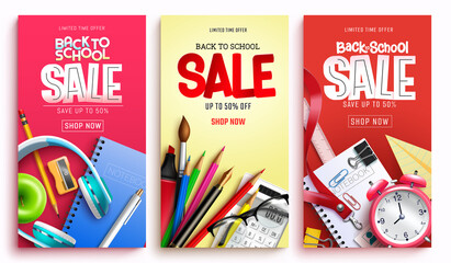 Back to school sale vector poster set. Back to school sale text with educational items price discount in limited time offer for educational shopping ads collection design. Vector illustration.
