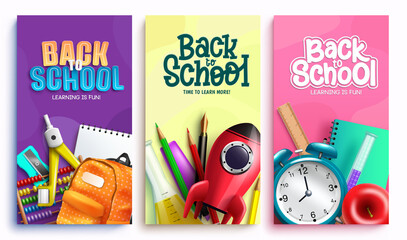 Back to school vector poster set design. Back to school text with rocket, alarm clock and backpack study elements in colorful background for educational knowledge and creative study.