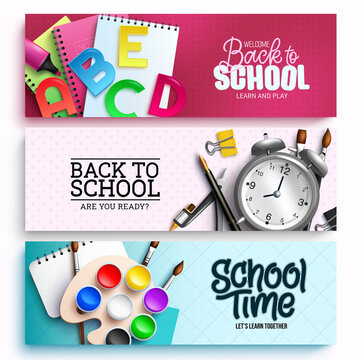 Back to school vector background set. Back to school text with educational items of painting, alarm clock and notebook in colorful background pattern for kids educational study. Vector illustration.
