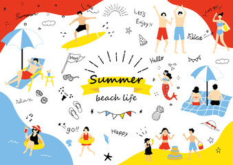 夏　海で遊ぶ人達　素材集