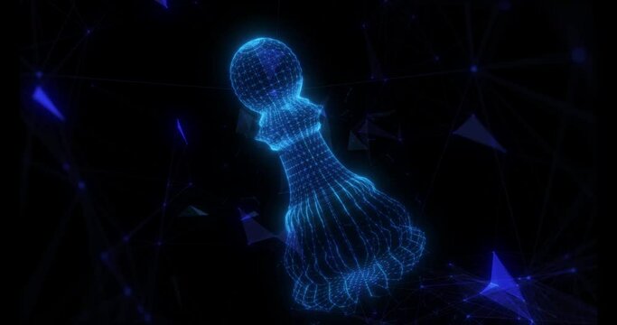 3d rendering 4k loop rotation through wireframe neon glowing symbol of chess Pawn figures with bright dots and triangle on dark background with blurred plexus on the floating environment.