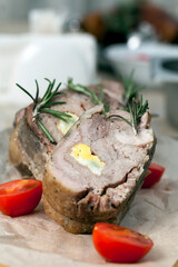 boiled pork meat with egg baked inside