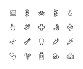 Naklejka premium Surgical linear icons. Set of hospital, surgery, Orthopedic, bone, spine symbols drawn with thin contour lines. Vector illustration.