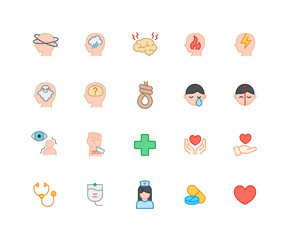 Collection of psychiatry color icons. treatment, medical treatment, counseling, doctor, medicine, rope. Set of hospital symbols drawn with thin contour lines.