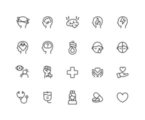 Collection of psychiatry linear icons. treatment, medical treatment, counseling, doctor, medicine, rope. Set of hospital symbols drawn with thin contour lines.