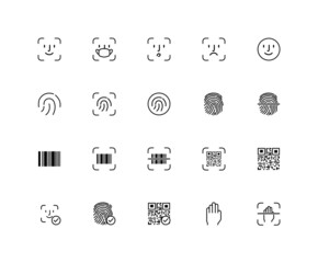 Collection of UI UX linear icons. Security, surveillance qr code, fingerprint, hand, network. Set of system, connection symbols drawn with thin contour lines. Vector illustration.
