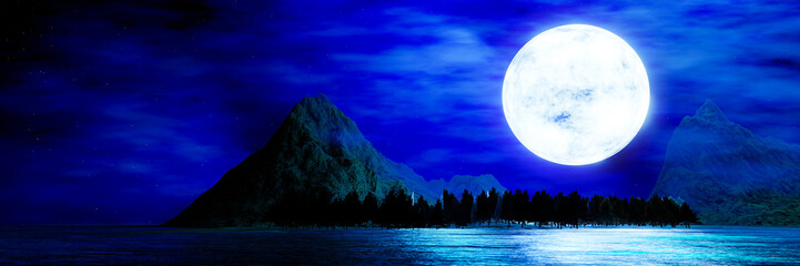 Wide grasslands with pine trees and mountains alternate in background. Full moon night bright stars are filling the sky. Night mountain scenery with fireflies flying above the ground. 3D Rendering