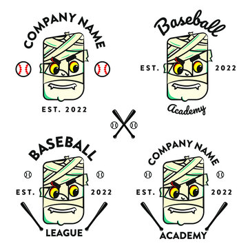 Mummy shield for baseball sports team or e-sports. Mummy shield with balls and baseball bat for sports leagues, academies, colleges and schools. Logo for baseball sports team or for e sports.