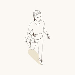 Running woman. Sport girl illustration. Casual sportwear - t-shirt, breeches and sneakers. Young woman wearing workout clothes. Sport fashion girl outline in urban casual style. Top view