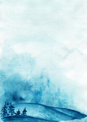 Watercolor landscape, mountains and water body on the background of pastel sky.Wall art.Painting, background for design works.Poster for printing size A2.