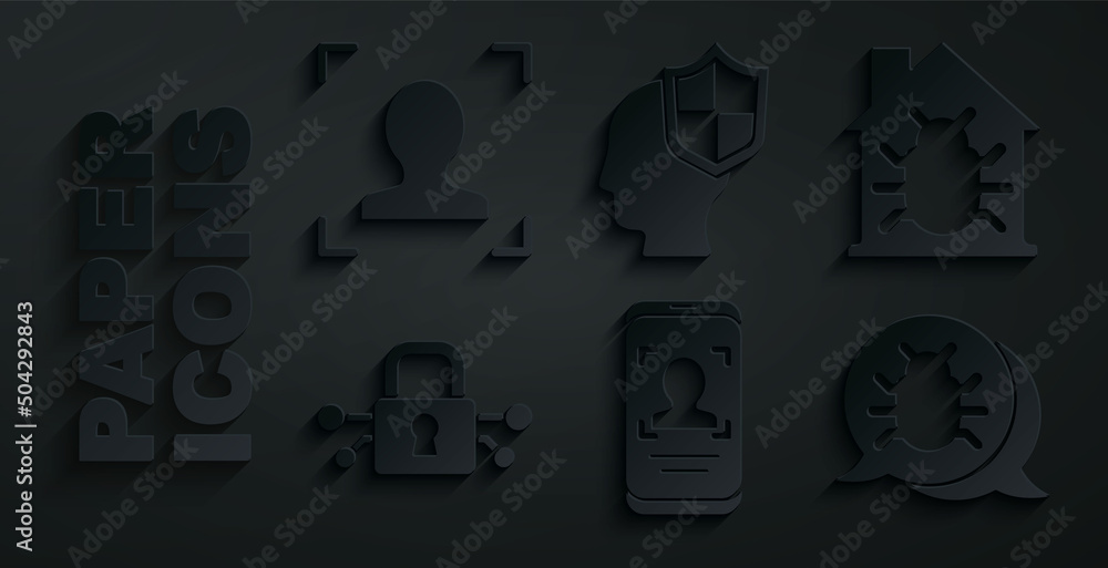 Poster set mobile and face recognition, house system bug, cyber security, system, head with shield and face
