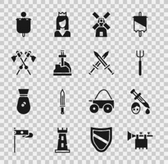 Set Trumpet with flag, Sword blood, Garden pitchfork, Windmill, the stone, Crossed medieval axes, Medieval and sword icon. Vector