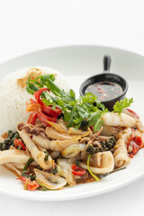 stir fry seafood spicy squid with kampot pepper in cambodia