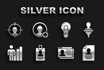 Set Identification badge, Head hunting, Resume, Productive human, with lamp bulb, and Create account screen icon. Vector