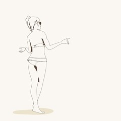 Illustration of a beautiful fashion model posing in a stylish swimsuit. Young attractive woman in bikini. Sketch style outline. Back view