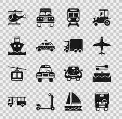 Set Bus, Boat with oars, Plane, Train and railway, Taxi car, Cargo ship, Helicopter and Delivery cargo truck icon. Vector