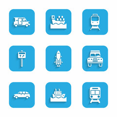 Set Rocket ship with fire, Cruise, Train and railway, Car, Hatchback car, Road traffic signpost, and Minibus icon. Vector