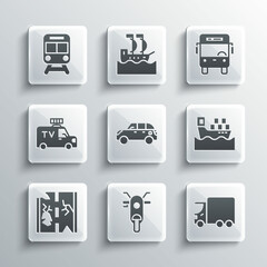 Set Scooter, Delivery cargo truck, Cargo ship with boxes, Hatchback, Broken road, TV News, Train and railway and Bus icon. Vector