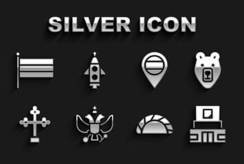 Set National emblem of Russia, Bear head, Mausoleum Lenin, Dumpling, Christian cross, Location, flag and Rocket ship icon. Vector
