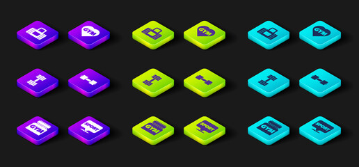 Set Sports nutrition, Location gym, Dumbbell, Fitness heart and bag icon. Vector